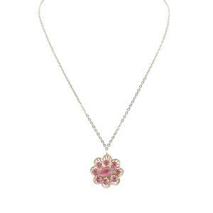 Vintage Flower Necklace With Pink Crystal Accents & Silver Chain